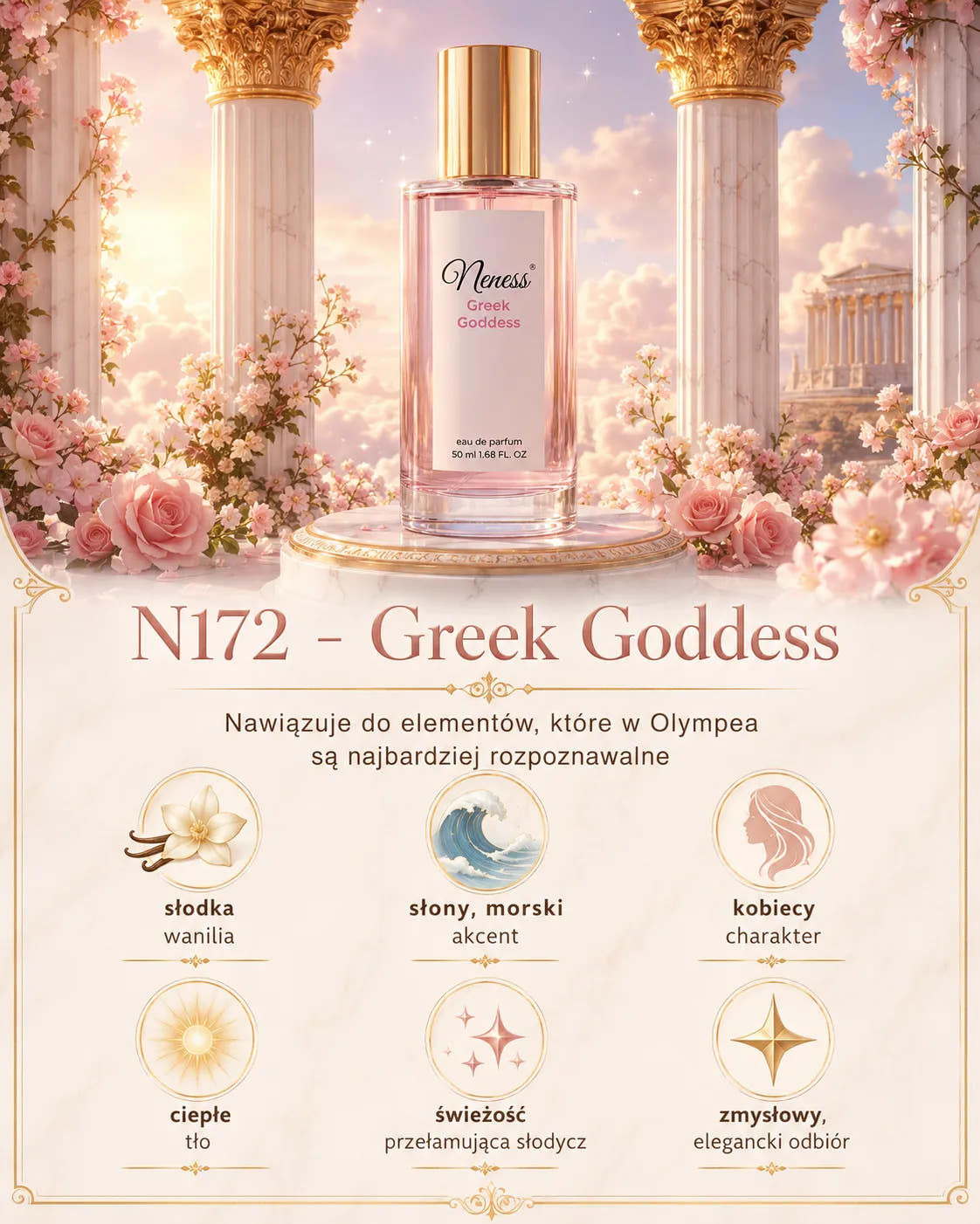 Zamiennik N172 - Greek Goddess przypomina Paco Rabanne Olympea przez podobne nuty wanilii i morskiej soli, oferując intensywny, kobiecy zapach w atrakcyjniejszej cenie.