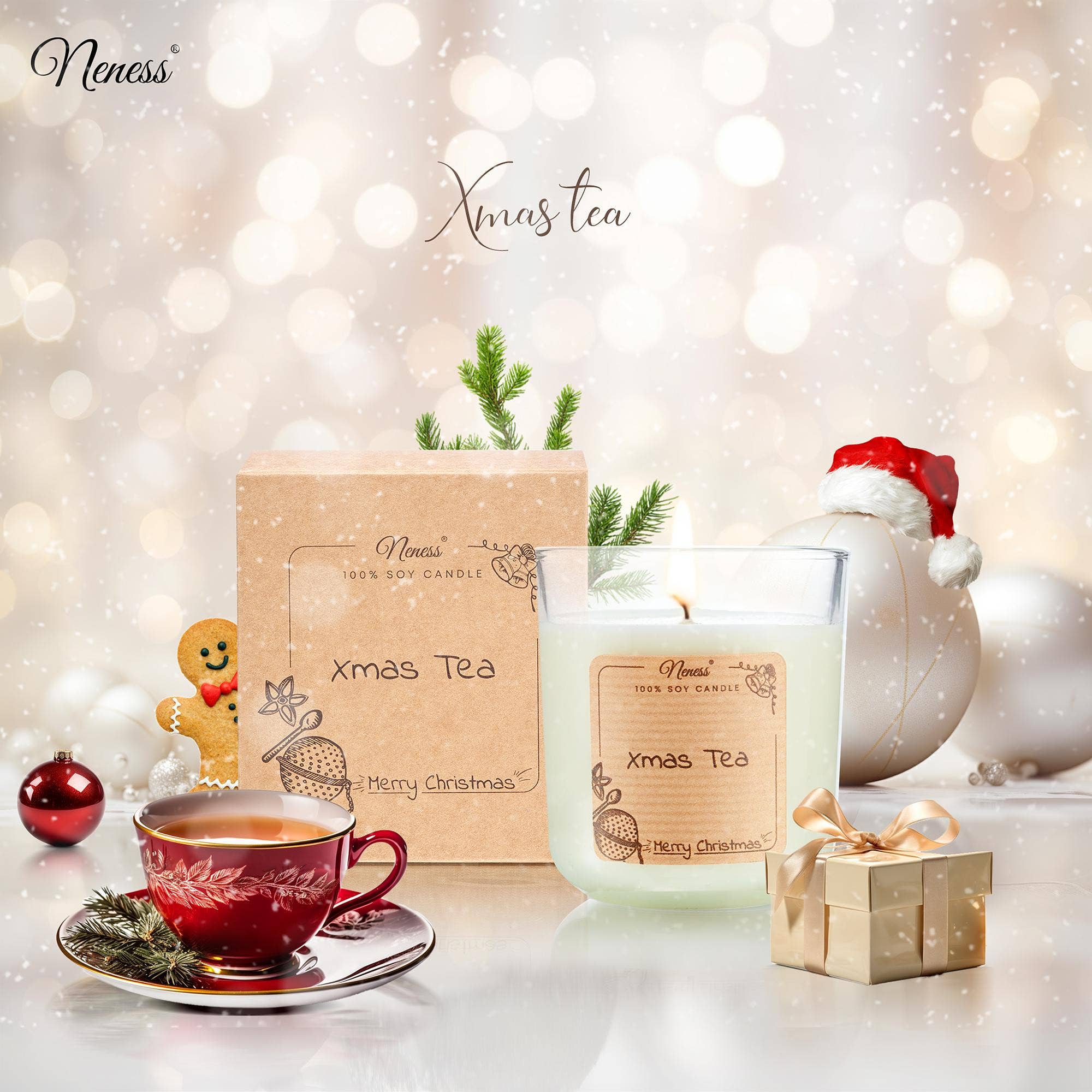 Świeca zapachowa Neness® - Xmas Tea - 100% sojowa świeca o aromacie zimowej, świątecznej herbaty 