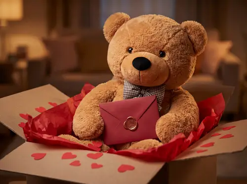 Gigantyczny pluszowy miś w pudełku kurierskim